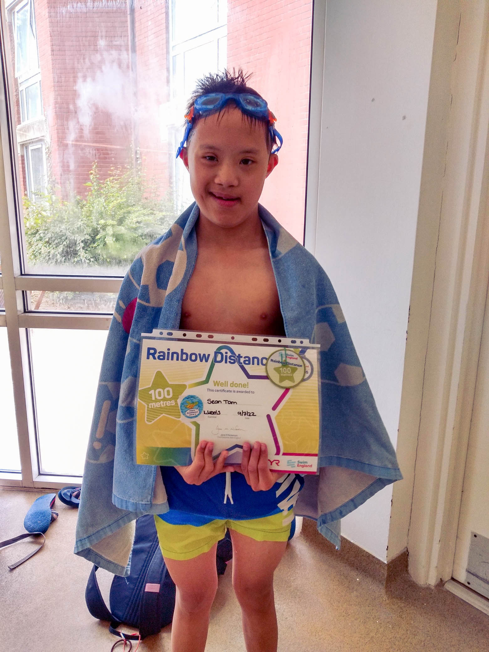 Sean with his 100m Swimming Certificate
